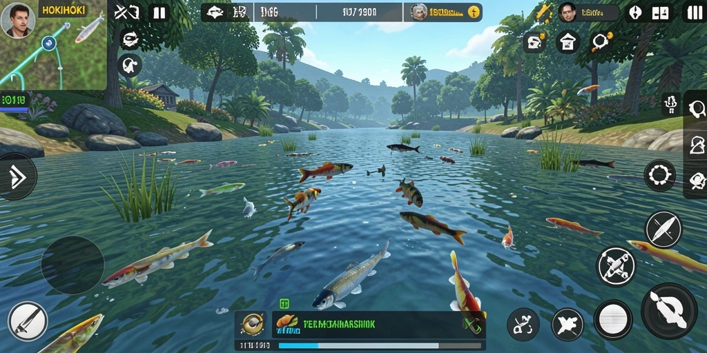 Tampilan gameplay HOKIHOKI dengan memancing di danau yang indah.
