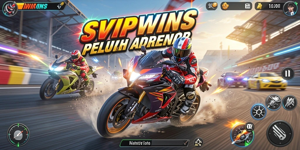 Screenshot gameplay SVIPWINS menampilkan balapan motor yang mendebarkan.